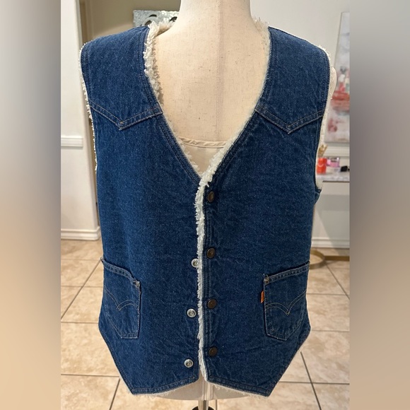 Levi's Blue Denim Jean Sherpa Vest Size M Vintage Made USA orange label - Picture 9 of 9